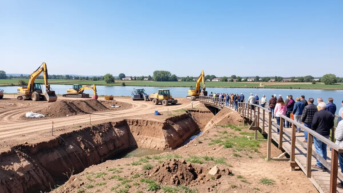 Generic image of ecological engineering works around a pond, showing construction machinery and a pedestrian bridge.