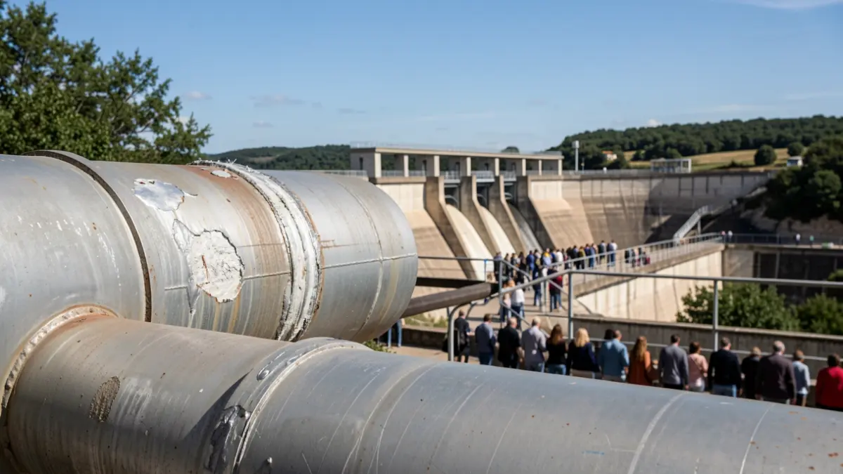 Generic image of industrial pipes undergoing repair in a hydroelectric dam landscape in Occitanie.