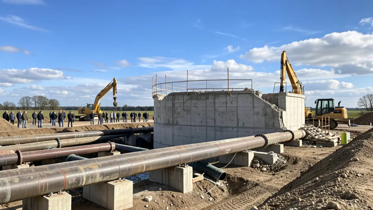 Generic image of water infrastructure construction site with pipes and reservoir.