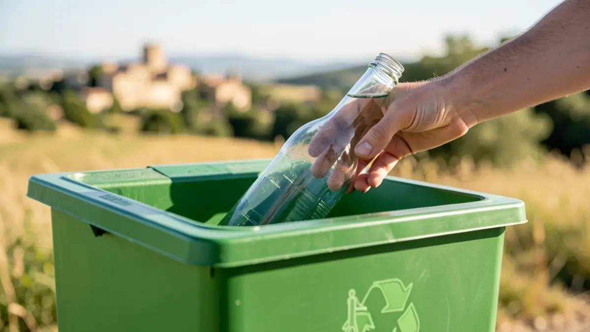 Main versant une bouteille en verre dans une colonne à verre verte, avec un paysage d'Occitanie en arrière-plan.