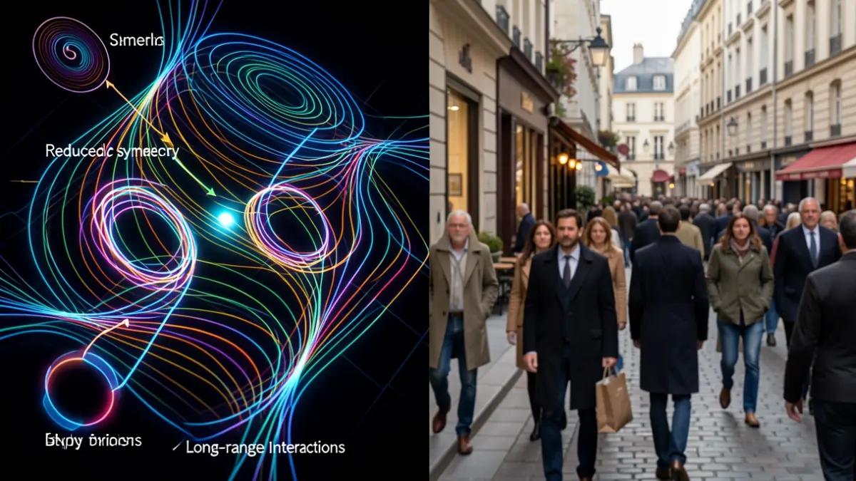 Image générique de textures de spin magnétiques complexes, représentant des bimerons et des skyrmions dans un matériau bidimensionnel, avec des éléments visuels abstraits suggérant la symétrie réduite et les interactions à longue portée.