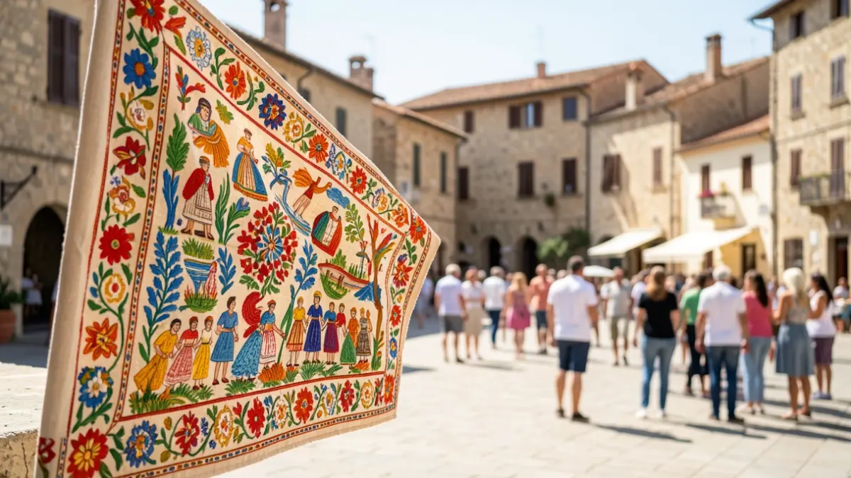 Generic image of colorful textile flags displayed in a sunny public square.