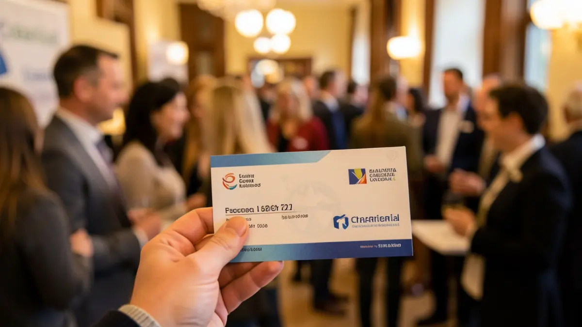 Generic image of hands holding a gift voucher with a blurred background of charitable organizations.