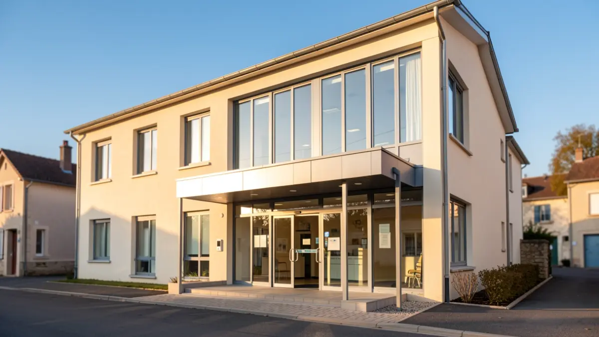 Generic image of a modern medical center in a small French town, with large windows and a welcoming entrance. Warm afternoon sunlight, clear blue sky, clean and professional aesthetic.