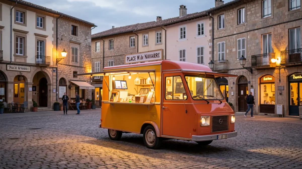Image générique d'un food truck stationné sur une place de village le soir.
