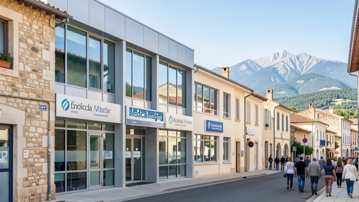Nouveau bâtiment d'imagerie médicale à Anclades, Lourdes, avec une façade moderne et des fenêtres larges.