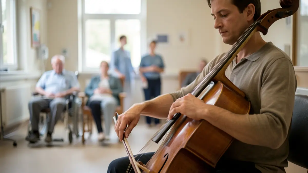 Une musicienne jouant du violoncelle dans un espace commun d'hôpital, avec des patients et du personnel flous à l'arrière-plan.