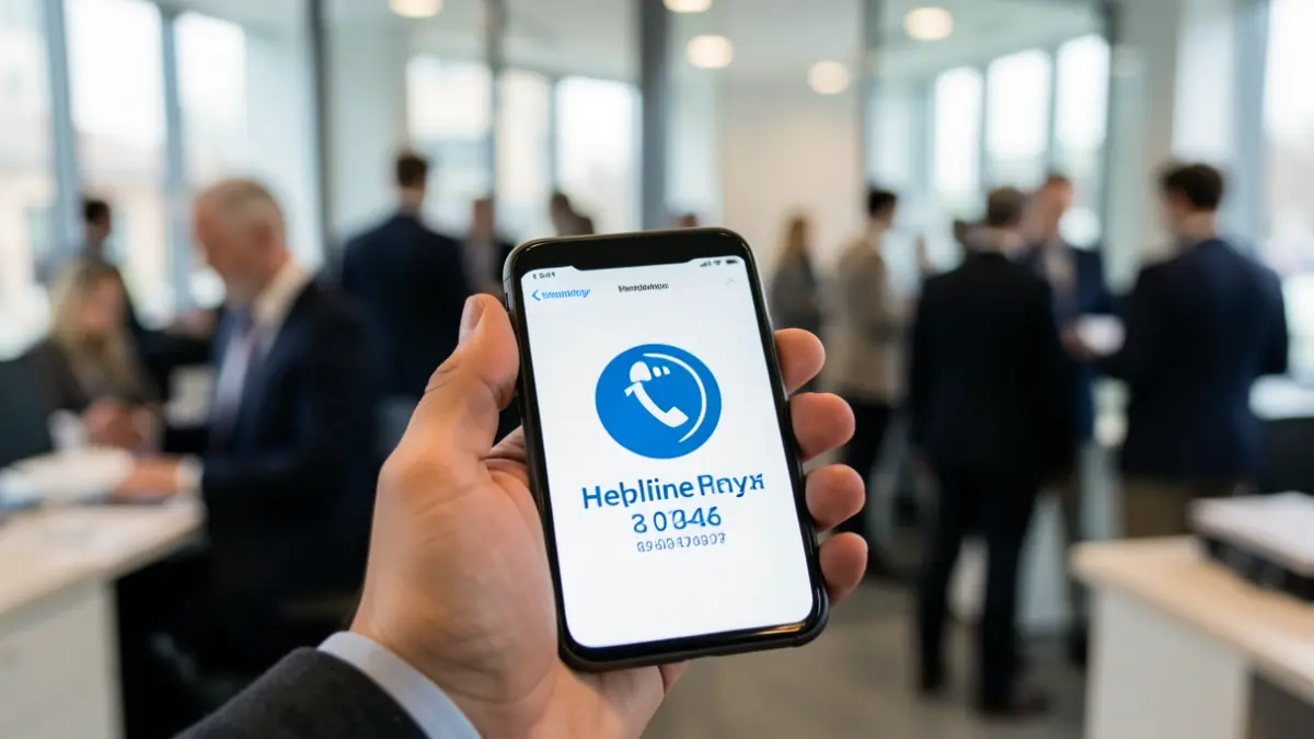 Hand holding a smartphone displaying a helpline number, in an office setting.
