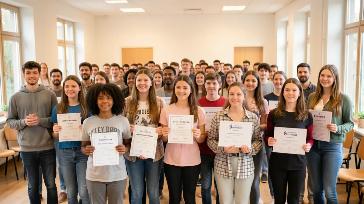 Generic image of diverse young people, some holding certificates, in a bright community setting.