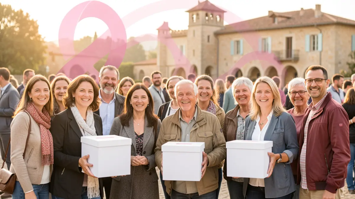 Generic image of smiling people participating in a solidarity fundraising event, with visual elements reminiscent of the fight against breast cancer.