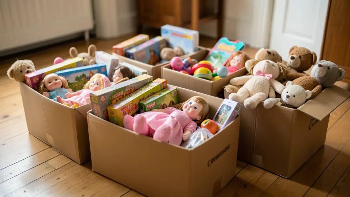 Image générique de jouets variés, tels que des poupées, des jeux de société et des peluches, disposés dans des boîtes en carton sur un sol en bois.