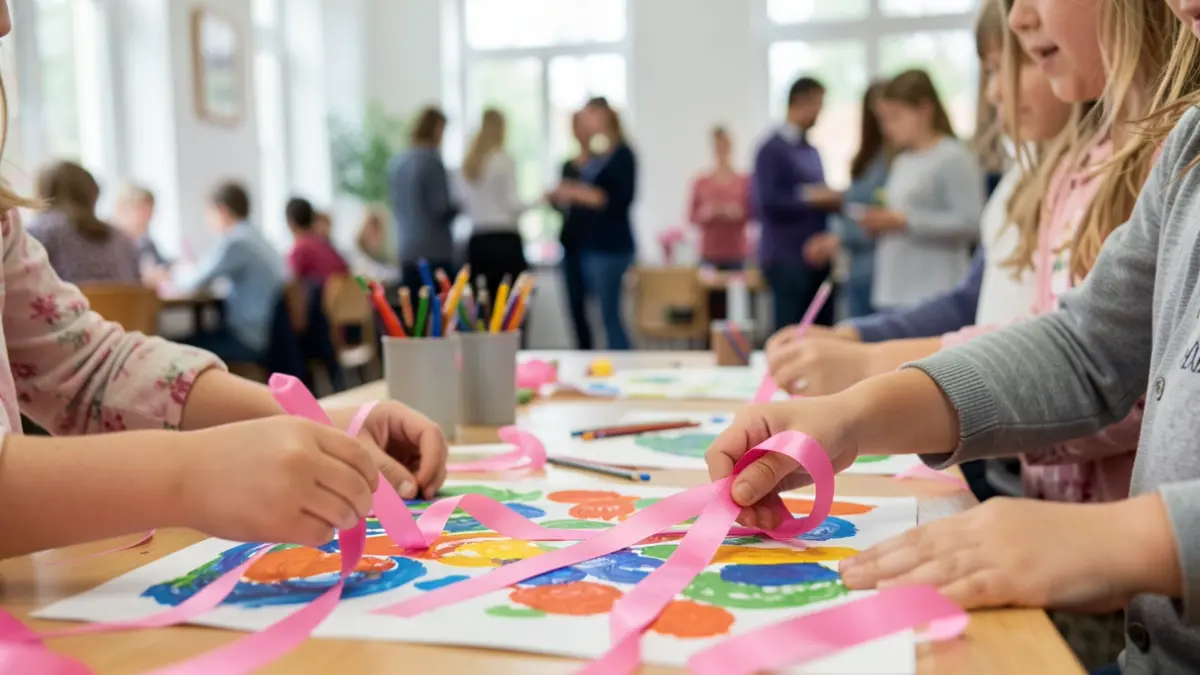 Generic image of children making pink ribbons for an awareness event.