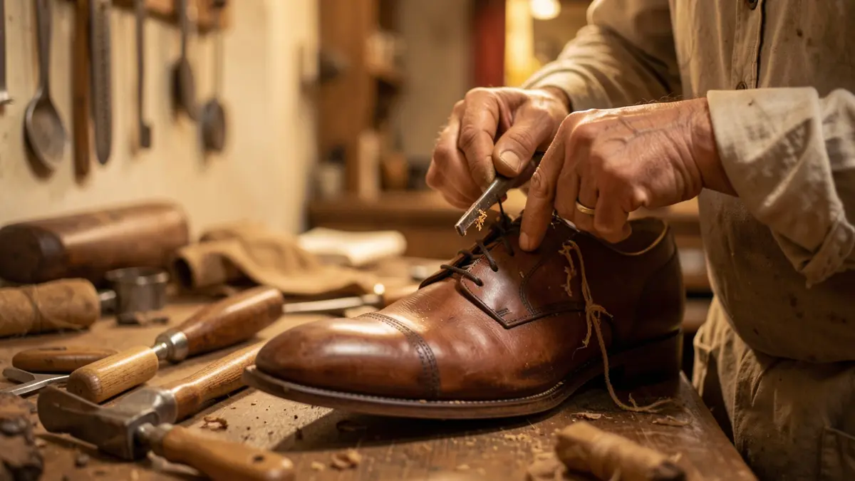 Image générique d'un artisan cordonnier travaillant sur une chaussure dans son atelier.