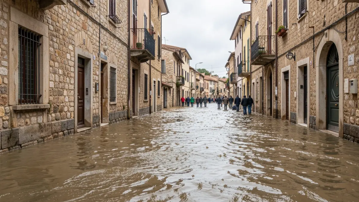Image générique d'une rue inondée dans une ville méditerranéenne avec des bâtiments anciens, sous un ciel couvert.