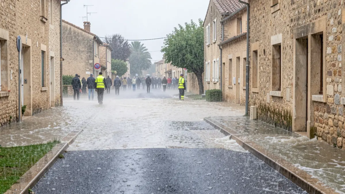 Pluie intense dans les rues de Vauvert avec des agents municipaux mobilisés.