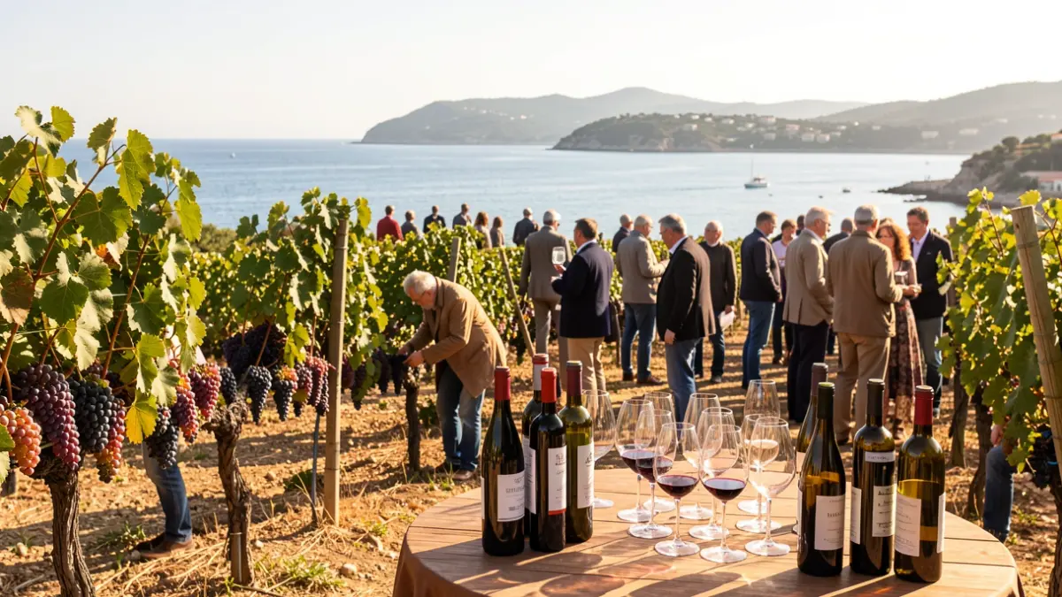 Grape harvesting and wine tasting scene in Banyuls-sur-Mer, with the Mediterranean coast in the background.