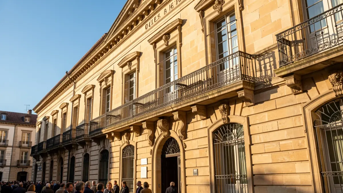Generic image of a stone town hall facade in Southern France, with an ornate balcony and iron railings, under warm afternoon sunlight.