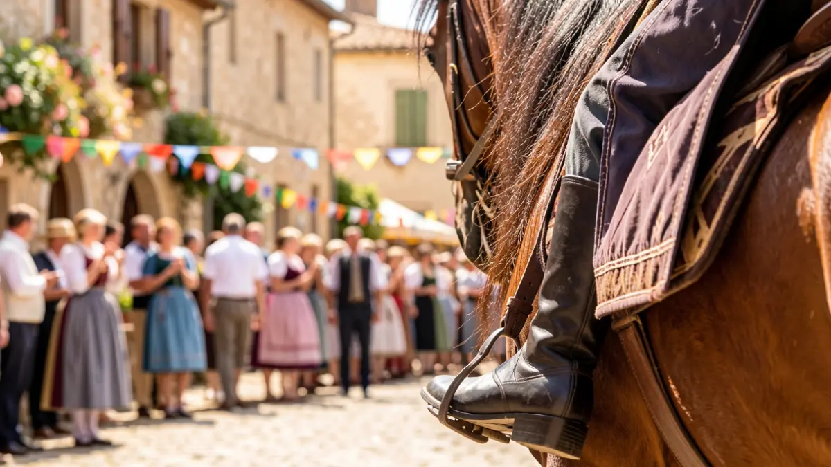 Image générique d'une fête du cheval à Vendargues, Occitanie, avec des éléments traditionnels et une foule en arrière-plan.