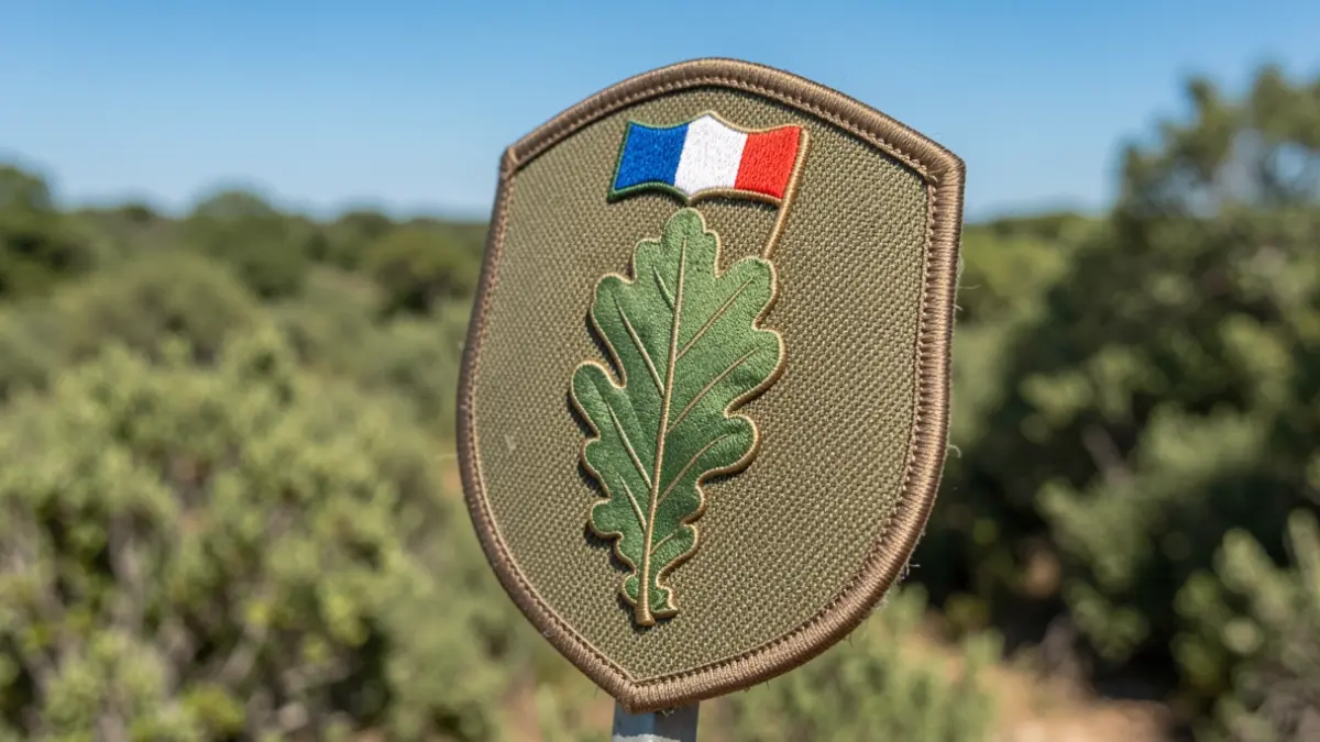 Image générique d'un badge de patrouille forestière avec un drapeau français, sur fond de paysage de garrigue.