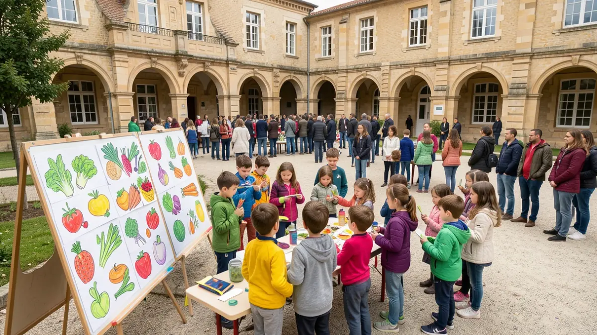 Generic image of children participating in a workshop about vegetables in a schoolyard.