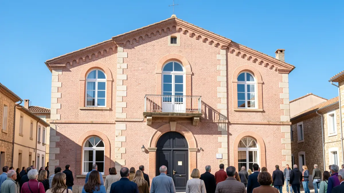 Generic image of a town hall facade in Southern France, traditional architecture, under a blue sky.