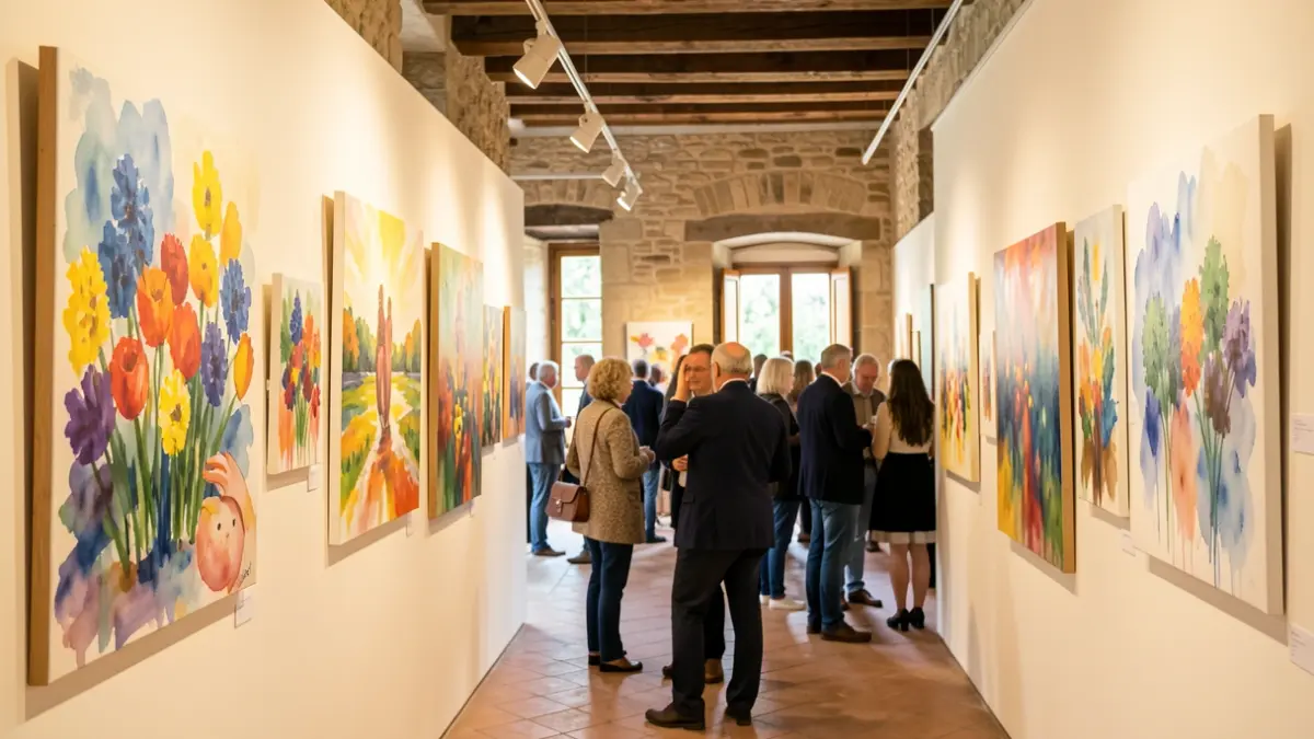 Art exhibition in a cultural center, showcasing various paintings and visitors.