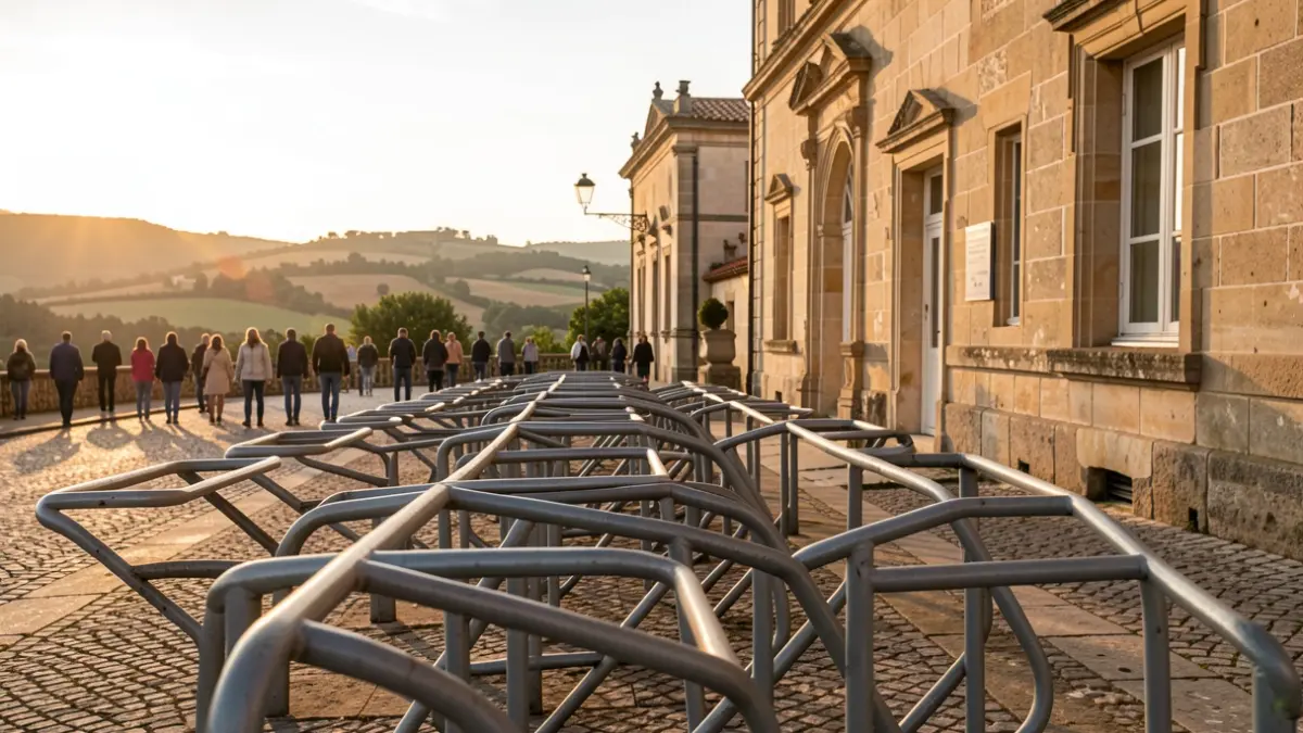 Image générique d'un range-vélos installé près d'une mairie ensoleillée.