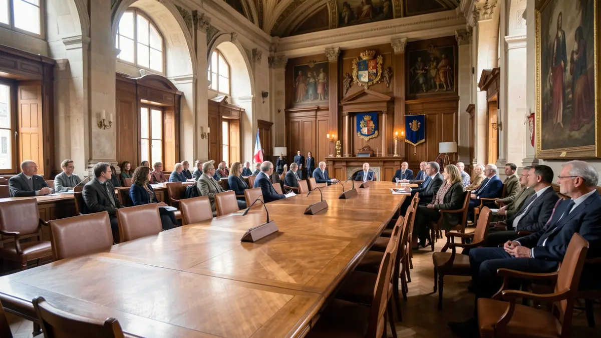 Generic image of a town hall council chamber in the South-West of France, with a table and chairs.