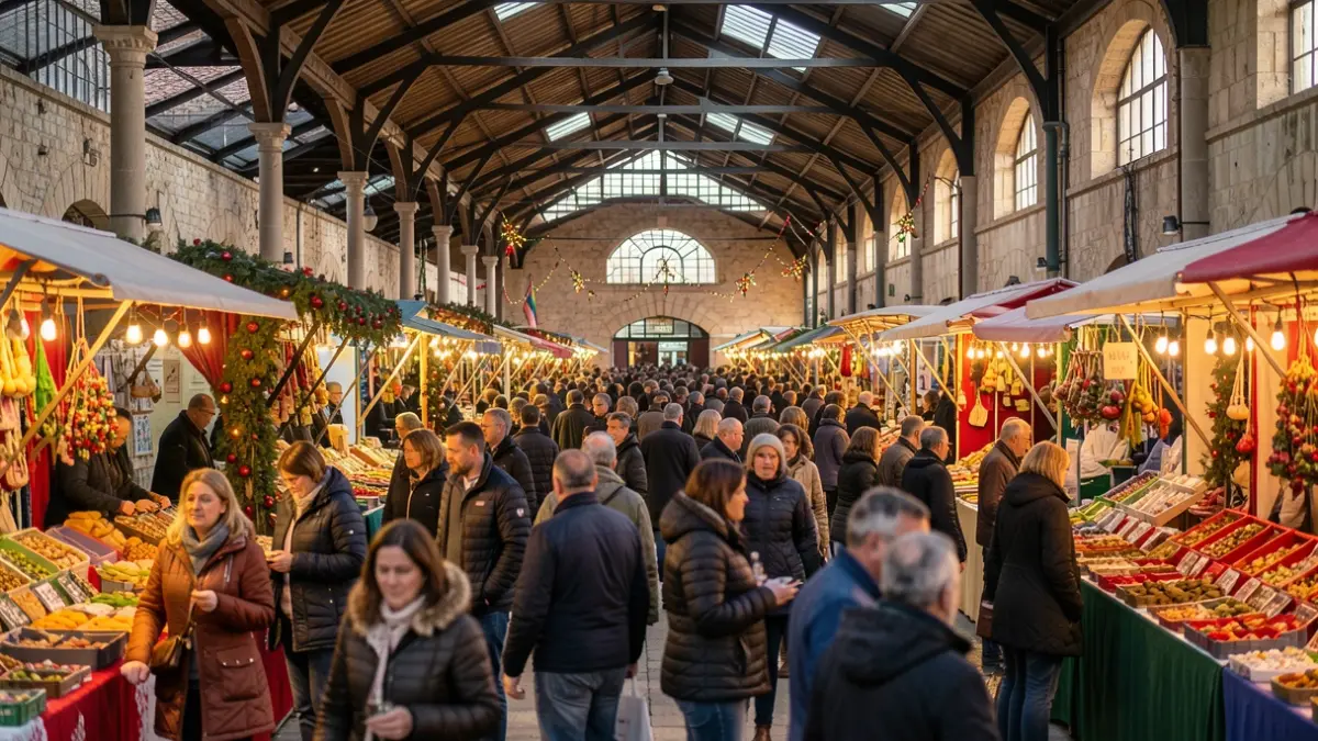 Generic image of a festival in a covered market in Southern France, with warm lights and a blurred crowd.