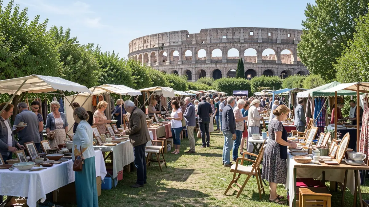 Vide-grenier des locataires de Domitia Habitat dans le jardin des Arènes Romaines à Narbonne, avec des stands et des visiteurs profitant du soleil.