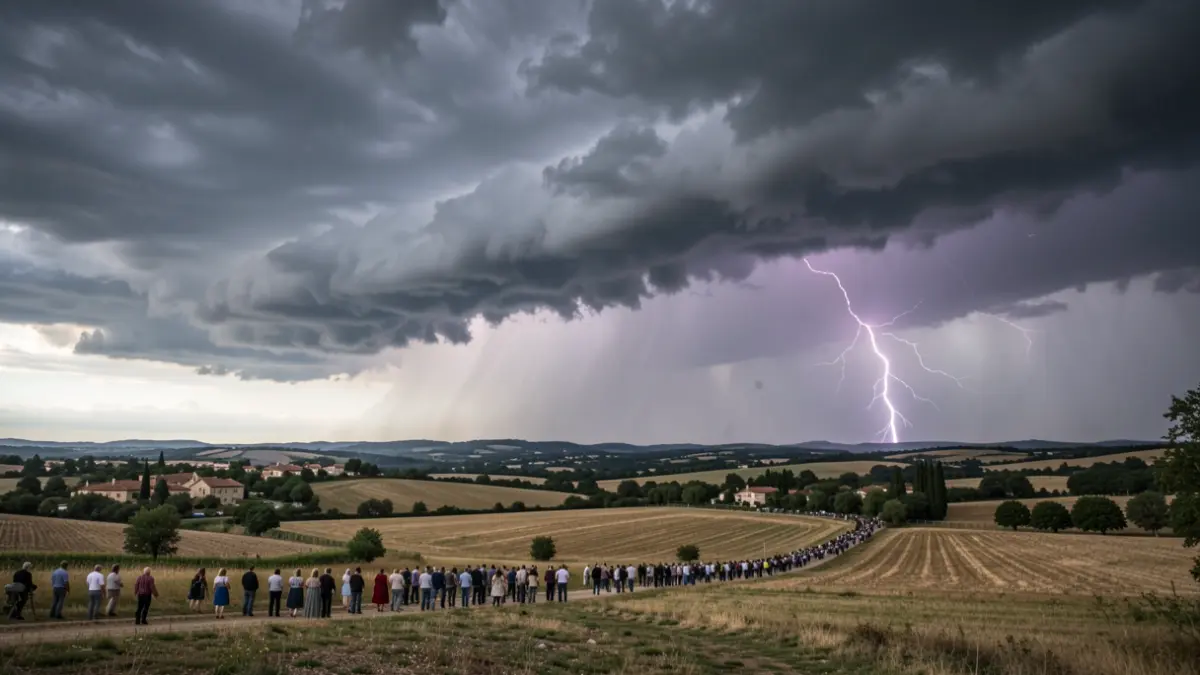 Image générique de nuages d'orage s'accumulant sur un paysage rural de l'Occitanie, avec de fortes pluies.