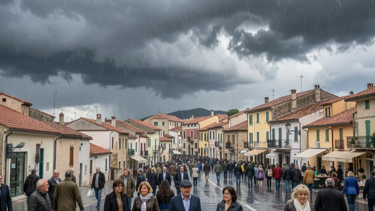 Image générique d'orages et de pluies intenses sur une ville côtière méditerranéenne.