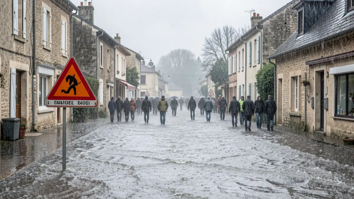 Image générique de fortes pluies et d'une route partiellement inondée dans une ville du sud de la France, avec des panneaux d'avertissement.