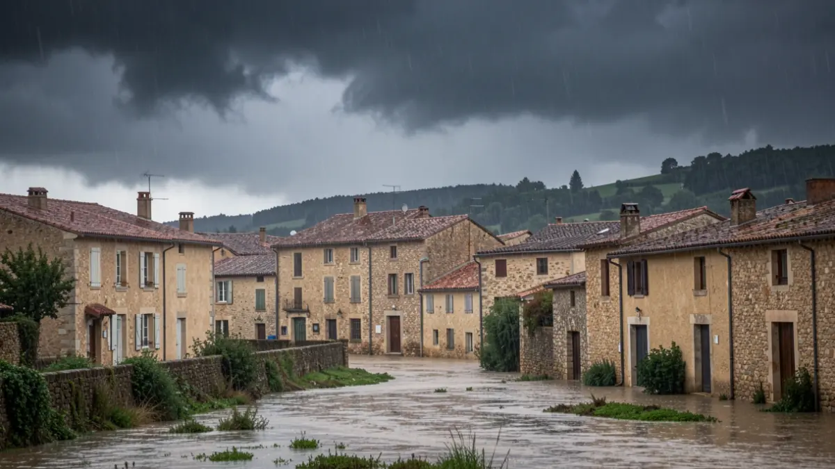 Ciel d'orage menaçant au-dessus de Toulouges, avec de fortes pluies et un risque d'inondation.