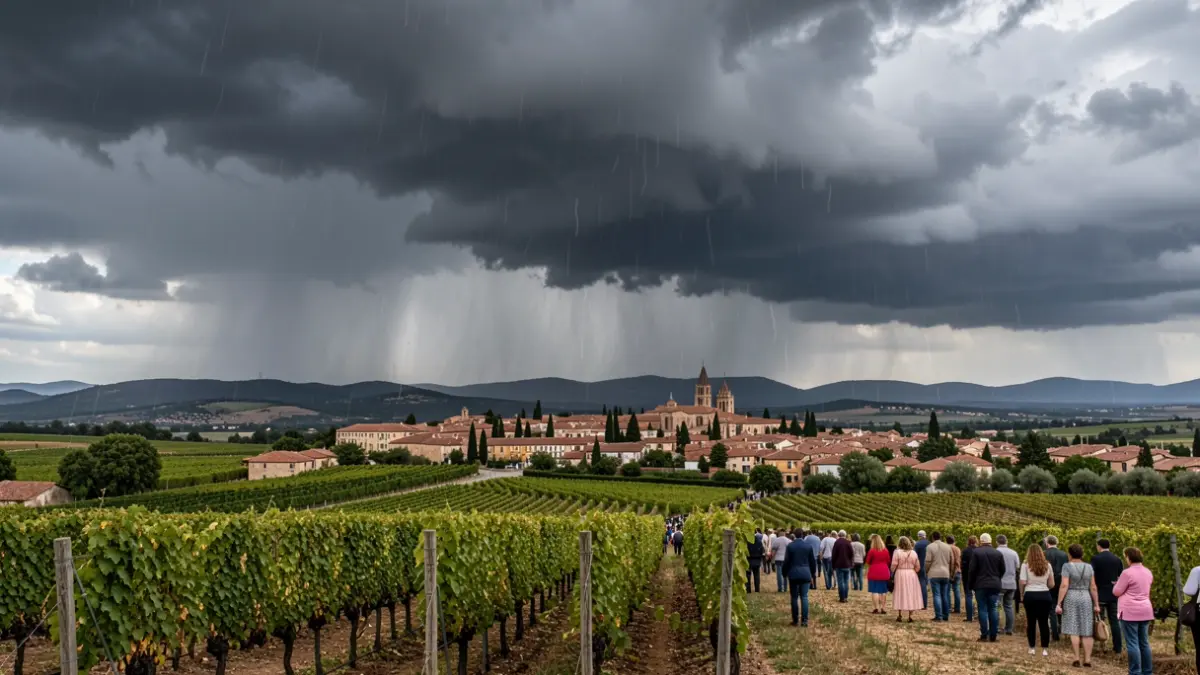 Generic image of storm clouds gathering over a Mediterranean landscape with vineyards and a small town in the distance, heavy rain starting to fall, dramatic lighting.