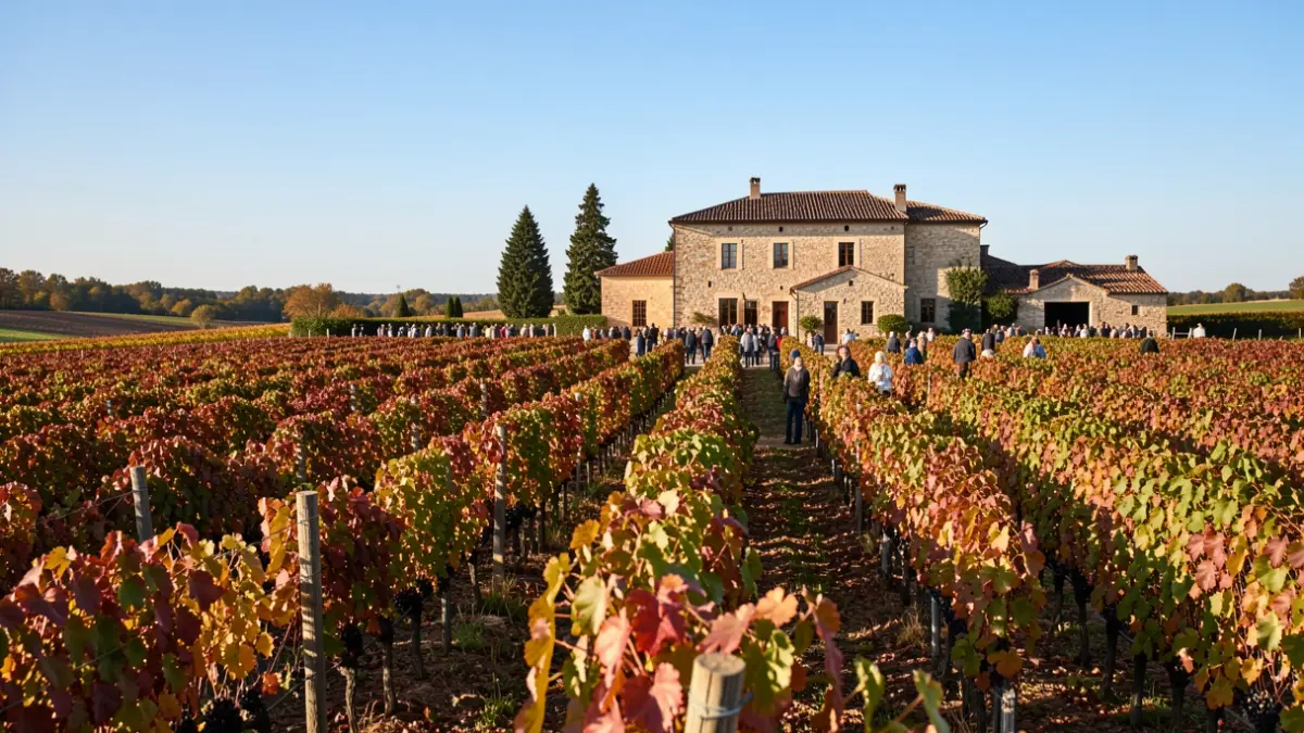 Vineyard landscape in Occitanie with a historic chateau.