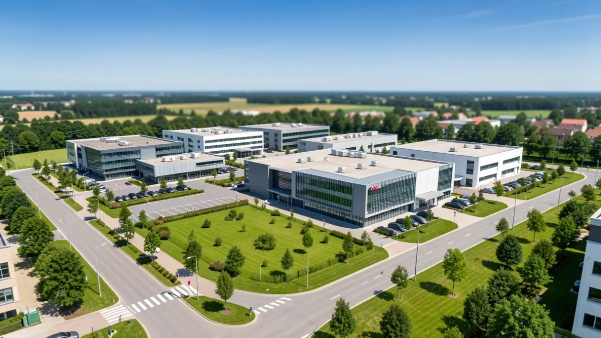 Vue aérienne d'une zone d'activités économiques moderne.