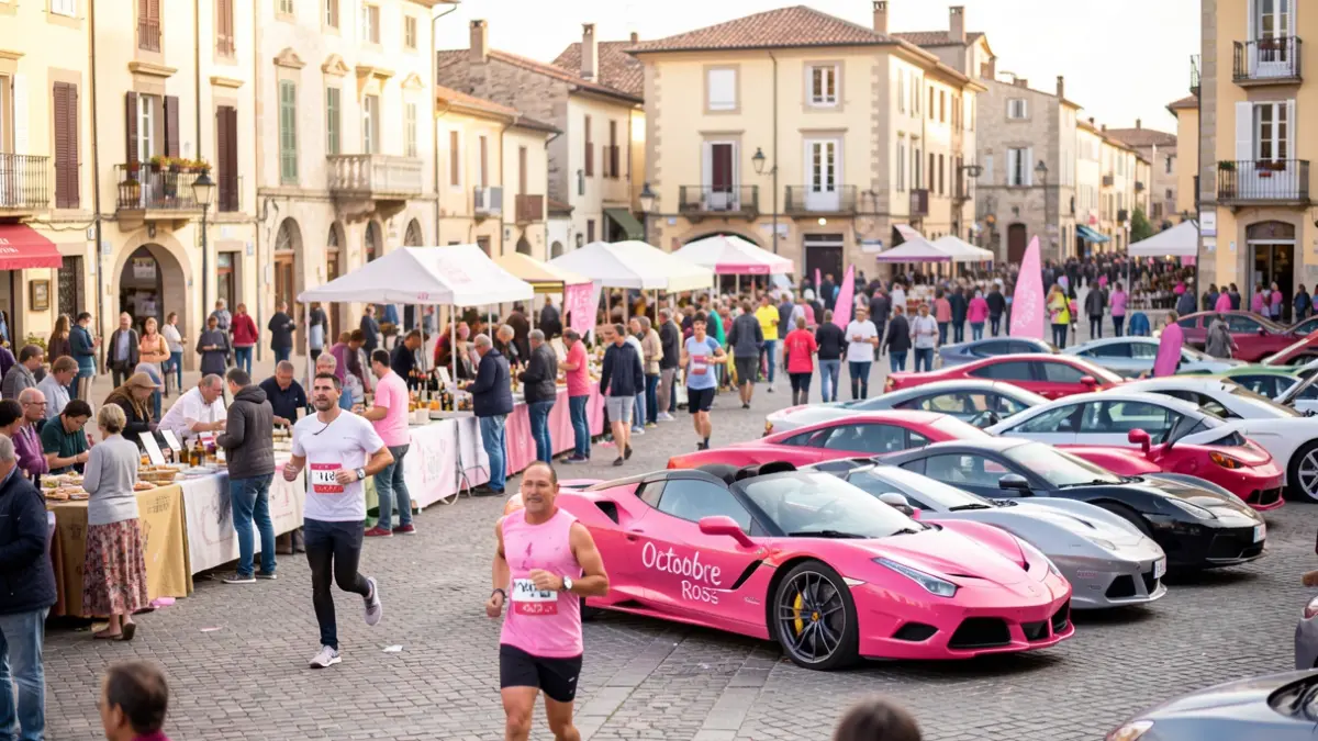 Image générique d'une fête locale avec des stands de produits régionaux, des coureurs et des voitures de sport, dans le cadre d'Octobre Rose.