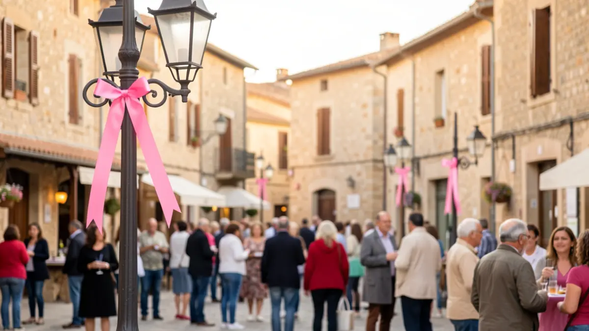 Image générique de la campagne Octobre Rose dans un village du Sud de la France, avec des rubans roses et une foule en arrière-plan.