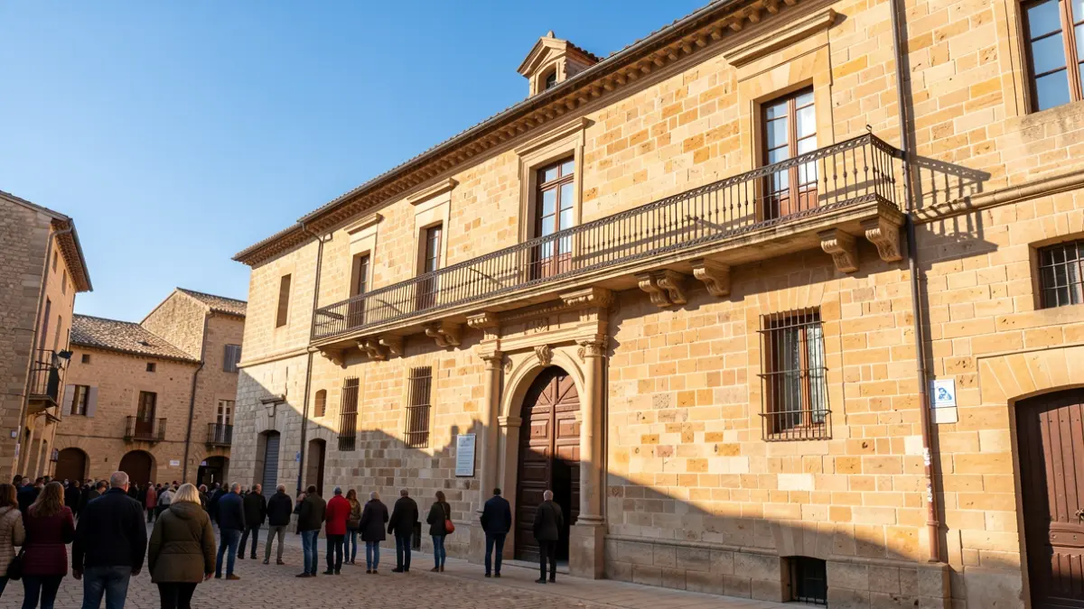 Generic image of a stone town hall facade in southern France, with ornate balconies and a blue sky.