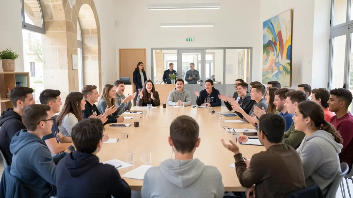 Des jeunes de Villeneuve-lès-Béziers participant activement à une réunion du Conseil Municipal des Jeunes.