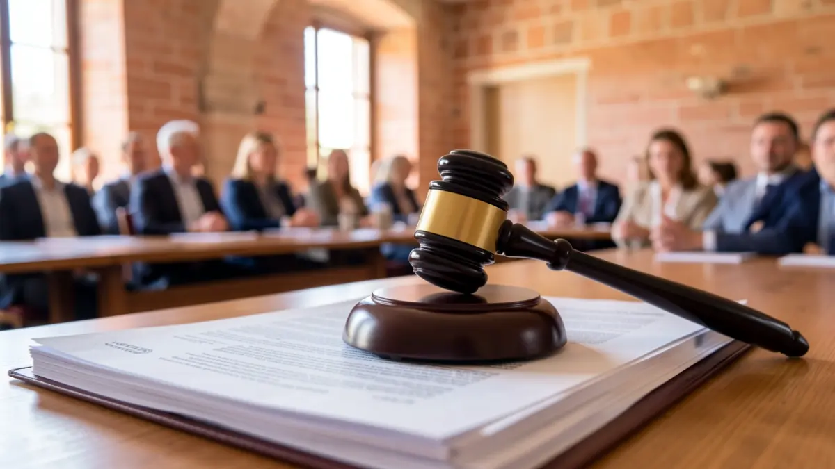 Generic image of a judge's gavel on official documents, with a blurred background of a meeting room featuring typical Southern French architecture.