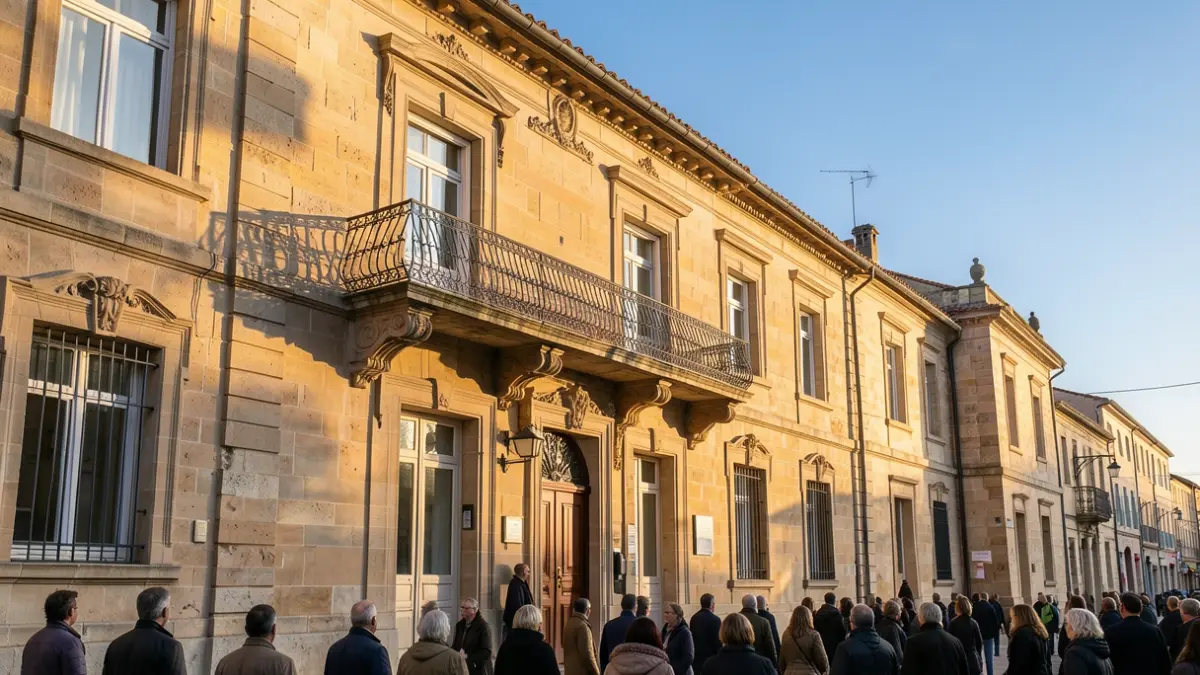 Generic image of the facade of a town hall in Occitanie with an ornate balcony, under an afternoon sun.