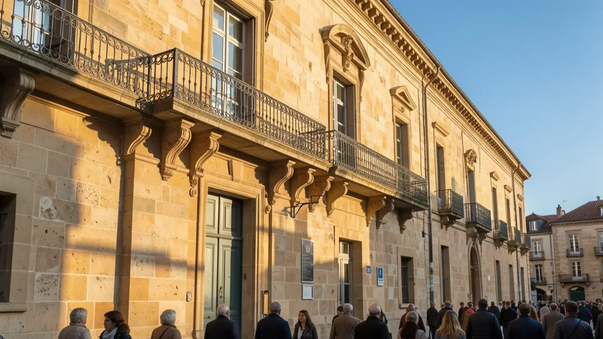 Generic image of a stone town hall facade in the South-West of France, featuring an ornate balcony and iron railings, bathed in warm afternoon sunlight.