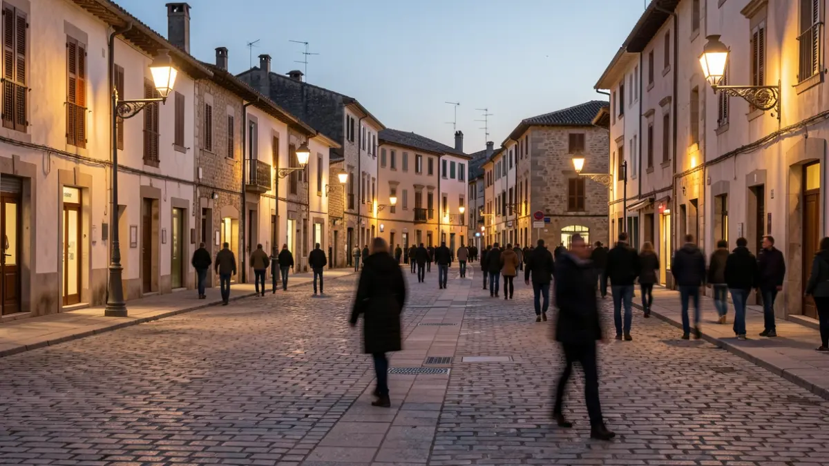 Generic image of a town square in Occitanie at dusk, with streetlights casting warm glows and blurred silhouettes of people in the distance.