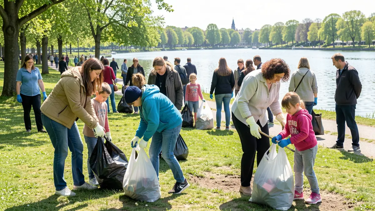 Image générique de volontaires ramassant des déchets dans un parc.