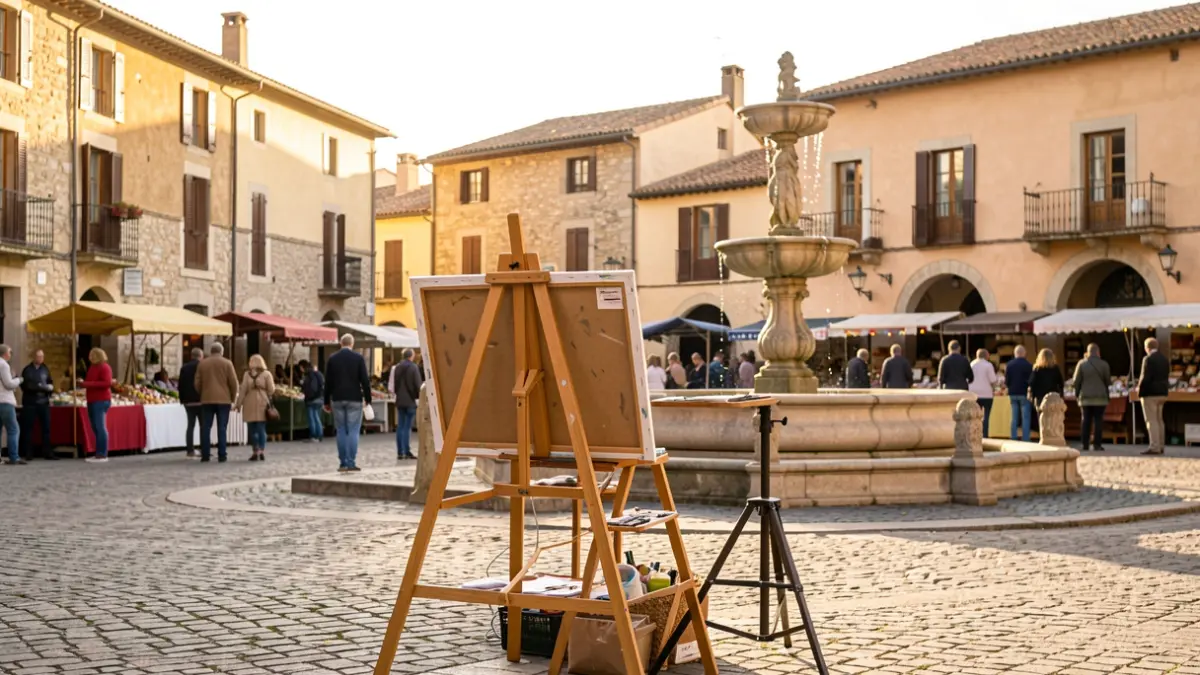 Un chevalet de peintre installé sur une place de village pittoresque en Occitanie, avec une fontaine et des étals de marché en arrière-plan.